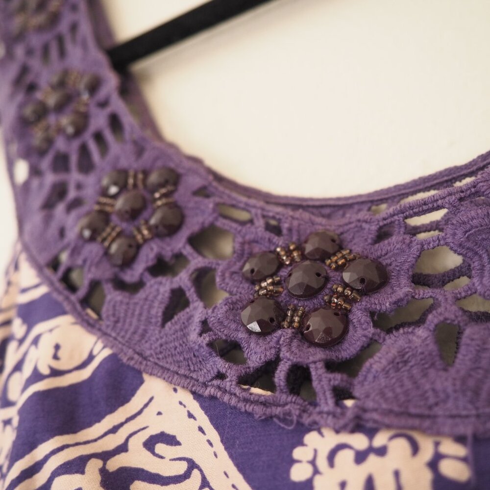 !! Free People Purple Folklore Paisley Sleeveless Dress w/ Jewel Trim sz 6 - Picture 7 of 9